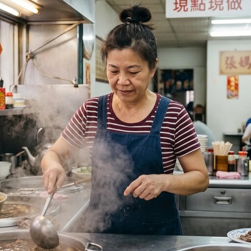笑臉盈盈的台灣餐廳老闆，身後是傳統麵攤