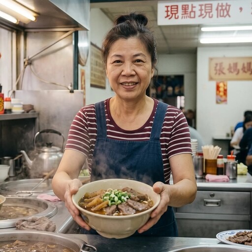 笑臉盈盈手捧熱騰騰牛肉麵的張家麵食館張老闆娘